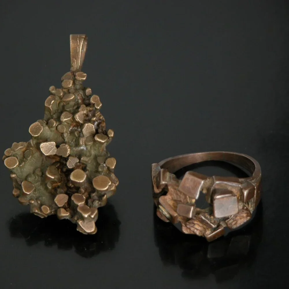 Vtg Mid Century Modernist Brutalist Bronze Nugget Necklace Pendant & Copper Ring - Picture 3 of 5